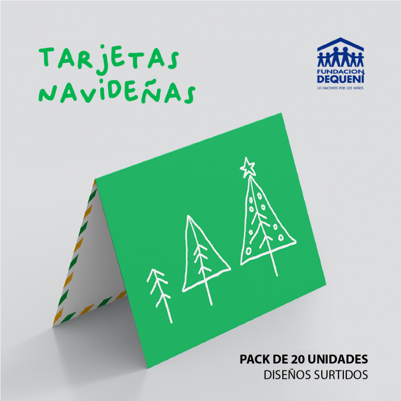 Pack de 20 tarjetas Navideñas con 5 diseños surtidos, ideal para saludar a amigos, familiares, clientes y proveedores.
